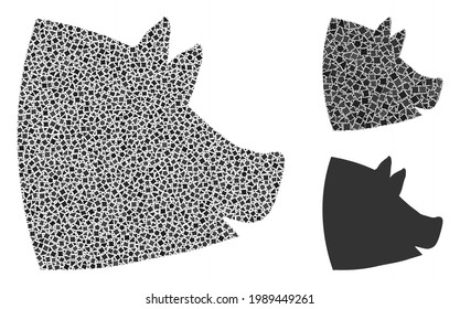 Collage Pig head icon united from raggy spots in variable sizes, positions and proportions. Vector raggy dots are grouped into abstract collage pig head icon.