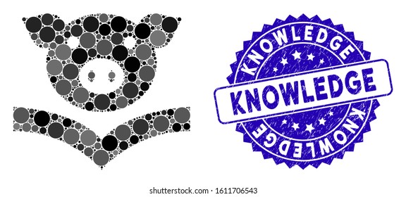 Collage pig knowledge icon and distressed stamp seal with Knowledge caption. Mosaic vector is formed with pig knowledge icon and with scattered round elements. Knowledge stamp seal uses blue color,