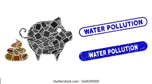 Collage pig shit and corroded stamp seals with Water Pollution phrase. Mosaic vector pig shit is created with random rectangle items. Water Pollution stamp seals use blue color,