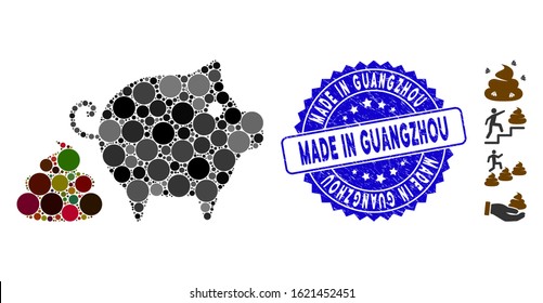 Collage pig shit icon and corroded stamp seal with Made in Guangzhou phrase. Mosaic vector is designed with pig shit icon and with random spheric items. Made in Guangzhou stamp seal uses blue color,