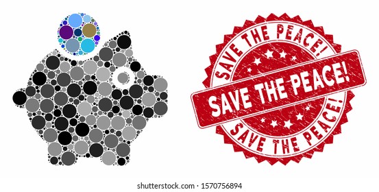Collage piggy bank and grunge stamp seal with Save the Peace! caption. Mosaic vector is formed with piggy bank icon and with randomized spheric spots. 