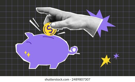 Collage Sparschwein und Halbtonhand mit Münze und Formen. Sparen Geld und Finanzplanung Metapher Zusammensetzung. Business-Konzept Vektorgrafik Pop Art Retro Stil Illustration. 