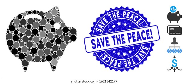 Collage piggy bank icon and grunge stamp seal with Save the Peace! caption. Mosaic vector is created with piggy bank icon and with scattered spheric items. Save the Peace! stamp seal uses blue color,