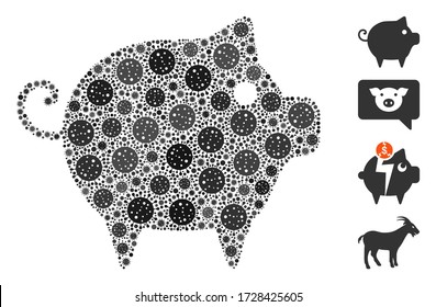 Collage piggy composed of covid-2019 virus icons in variable sizes and color hues. Vector infection icons are grouped into abstract collage piggy icon. Some bonus icons are added.