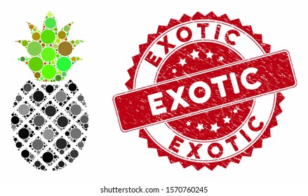Collage pineapple and rubber stamp seal with Exotic phrase. Mosaic vector is formed with pineapple icon and with randomized circle items. Exotic stamp seal uses red color, and scratched design.