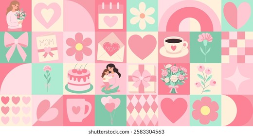 A collage of pink and green images with a woman holding a child and a cake. The woman is holding a bouquet of flowers and a card. The image is a collage of different shapes and sizes of hearts