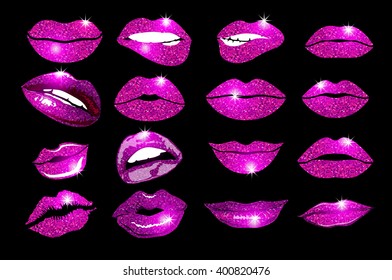 collage, pink lips set. Design glitter element. art