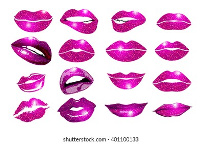 collage, pink lips set. Design glitter element. art
