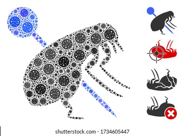 Collage pinned flea composed of SARS virus elements in variable sizes and color hues. Vector infection icons are grouped into abstract collage pinned flea icon. Some bonus icons are added.