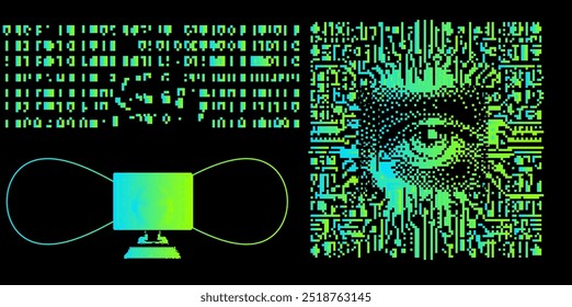 Collage of pixelated and distorted images of a circuit and human eyes. Concept related to artificial intelligence and digital surveillance.