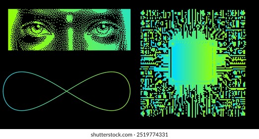 Colagem de imagens pixeladas e distorcidas de um circuito e olhos humanos. Conceito relacionado com a inteligência artificial e a vigilância digital.