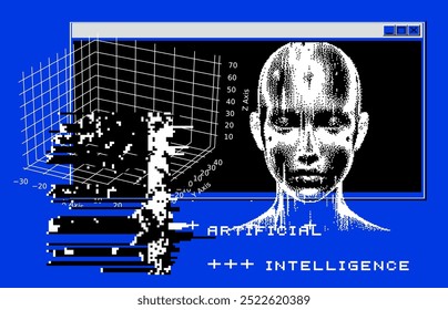 A collage of pixelated head silhouette and visual glitches on a blue background. Conceptual illustration on the theme of artificial intelligence and future technologies.
