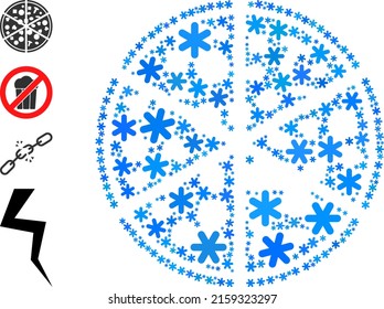 Collage pizza portions icon is designed for winter, New Year, Christmas. Pizza portions icon mosaic is done from light blue snow icons. Some similar icons are added.