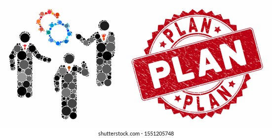 Collage plan and corroded stamp seal with Plan caption. Mosaic vector is composed with plan icon and with randomized round elements. Plan stamp seal uses red color, and rubber texture.