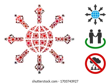 Collage planetary society composed of SARS virus items in random sizes, red colors. Vector pathogen items are composed into abstract composition planetary society icon. Some bonus icons are added.