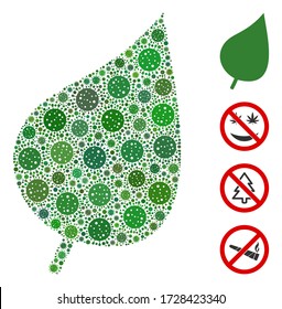 Collage plant leaf united from flu virus icons in various sizes and color hues. Vector infection items are arranged into abstract collage plant leaf icon. Some bonus icons are added.