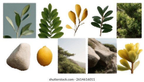 Collage of Plant Leaves and Rocks with Magazine Cutout Elements Featuring Flowers against a Sky with Orange and Green Tones Isolated on White Background for Scrapbooking and Craft Design