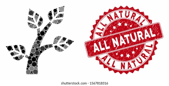 Collage plant tree and rubber stamp seal with All Natural phrase. Mosaic vector is created with plant tree icon and with randomized circle spots. All Natural stamp seal uses red color,