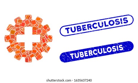 Collage plus gear and distressed stamp seals with Tuberculosis phrase. Mosaic vector plus gear is composed with randomized rectangle items. Tuberculosis stamp seals use blue color,
