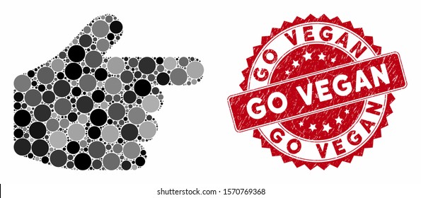 Collage pointer finger and rubber stamp watermark with Go Vegan phrase. Mosaic vector is formed with pointer finger icon and with scattered round elements. Go Vegan stamp seal uses red color,