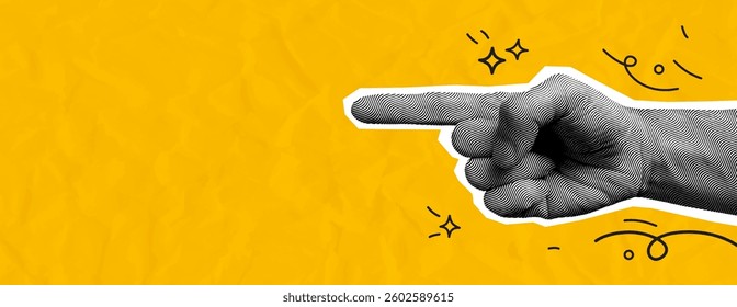 Collage with pointing hand on a yellow background with  wrinkled paper effect. Engraved style hand points with a finger, Vector illustration.