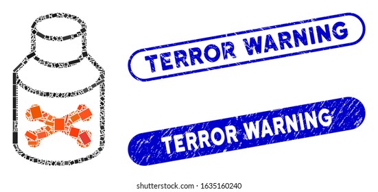 Collage poison bottle and corroded stamp seals with Terror Warning caption. Mosaic vector poison bottle is created with randomized rectangle items. Terror Warning stamp seals use blue color,