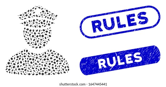 Collage policeman and corroded stamp seals with Rules caption. Mosaic vector policeman is created with random oval spots. Rules stamp seals use blue color, and have round rectangle shape.