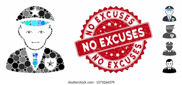 Collage policeman icon and grunge stamp seal with No Excuses text. Mosaic vector is composed with policeman icon and with scattered spheric elements. No Excuses stamp seal uses red color,