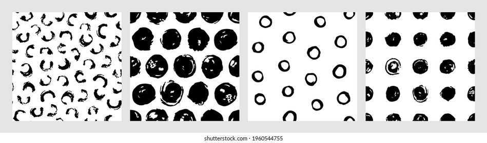 Collage of polka dots seamless vector patterns in black and white. Monochrome set of hand drawn ink dots. Trendy background for prints, cover, wrapping paper and textile. Doodle illustration