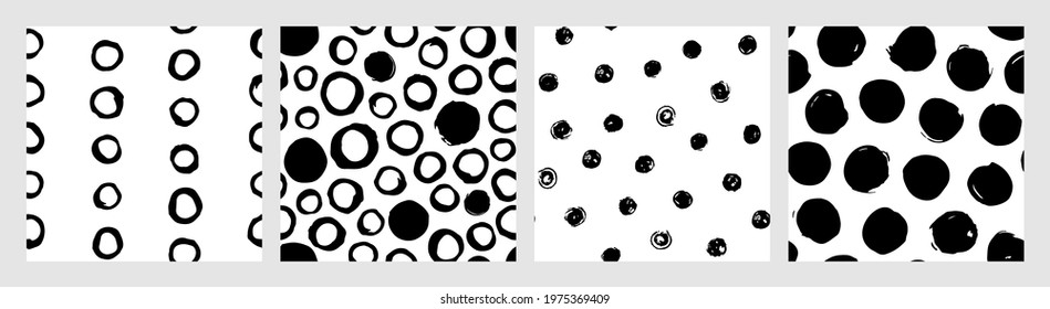 Collage of polka dots seamless vector patterns in black and white. Monochrome set of hand drawn ink dots. Trendy background for prints, cover, wrapping paper and textile. Doodle illustration