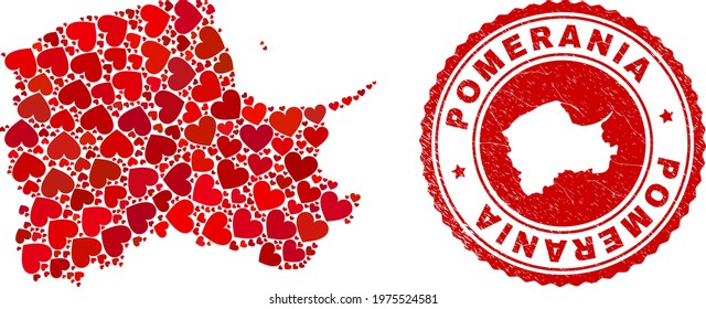 Collage Pomeranian Voivodeship map composed with red love hearts, and textured stamp. Vector lovely round red rubber stamp imitation with Pomeranian Voivodeship map inside.