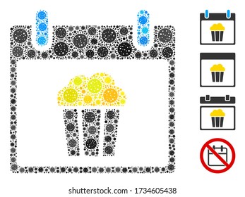 Collage popcorn calendar day constructed from SARS virus icons in random sizes and color hues. Vector infection items are composed into abstract collage popcorn calendar day icon.