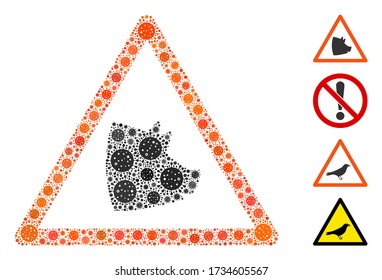 Collage pork warning united from flu virus icons in different sizes and color hues. Vector pathogen items are combined into abstract illustration pork warning icon. Some bonus icons are added.