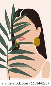 Collage portrait a young female face with gold earrings with a tropical plants in a minimalist, abstract trendy style on a pink background for contemporary beauty fashion concept.