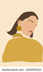 Collage portrait a young female face with gold earrings with short brown hair in a minimalist, abstract trendy style on a beige background for contemporary beauty fashion concept.