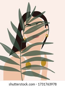 Collage portrait a young woman face with gold earrings with a tropical plants in a minimalist, abstract trendy style on a pink background for contemporary beauty fashion concept.