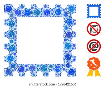 Collage postage stamp constructed from covid-2019 virus icons in different sizes and color hues. Vector viral icons are combined into abstract composition postage stamp icon.