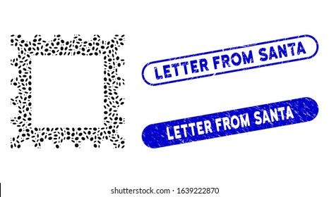 Collage postage stamp and corroded stamp seals with Letter from Santa phrase. Mosaic vector postage stamp is created with scattered elliptic spots. Letter from Santa seals use blue color,