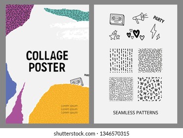 Collage poster design. Paper cut elements. Seamless patterns. 90’s concept. Vector