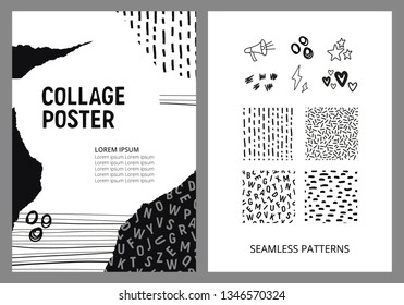 Collage poster template. Black and white. Creative art header. Seamless patterns. Vector