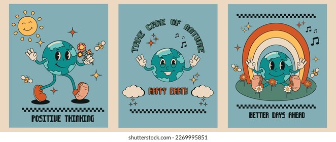 Collage of posters with funny comic characters of the planet Earth. Modern illustration with motivational inscriptions. Set in cartoon style. Vector