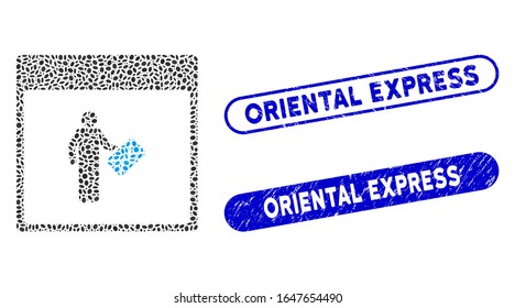 Collage de sellos de sellos de sellos de estampado con texto Oriental Express. La página del calendario del portador del vector mosaico está diseñada con puntos ovales dispersos. Los sellos de sello Oriental Express utilizan color azul,