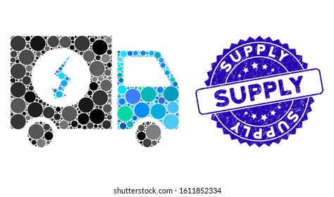 Collage power supply van icon and grunge stamp seal with Supply text. Mosaic vector is formed with power supply van icon and with scattered spheric elements. Supply stamp seal uses blue color,