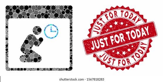 Collage pray clock calendar page and rubber stamp seal with Just for Today phrase. Mosaic vector is created with pray clock calendar page icon and with randomized spheric elements.