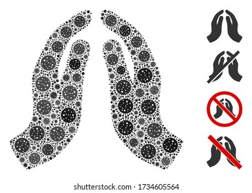 Collage praying hands composed of SARS virus icons in different sizes and color hues. Vector infection icons are composed into abstract mosaic praying hands icon. Some bonus icons are added.