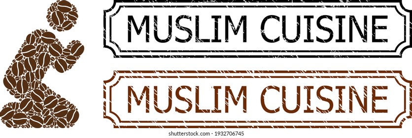 Collage praying person organized from coffee beans, and grunge Muslim Cuisine rectangle badges with notches.