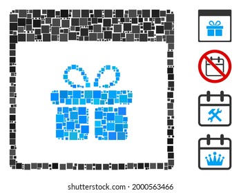 Collage Present box calendar page icon composed of square items in various sizes and color hues. Vector square items are arranged into abstract collage present box calendar page icon.