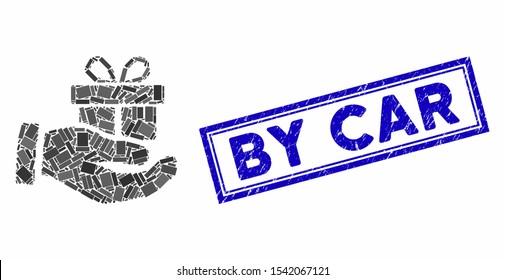 Collage present box give hand and distressed stamp seal with By Car caption. Mosaic vector present box give hand is formed with randomized rectangles. By Car stamp seal uses blue color.