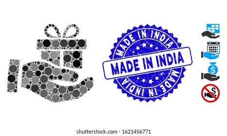 Collage present box give hand icon and grunge stamp seal with Made in India caption. Mosaic vector is formed with present box give hand icon and with randomized spheric items.