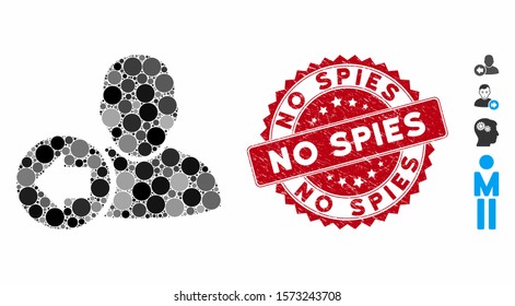 Collage previous user icon and distressed stamp seal with No Spies text. Mosaic vector is designed with previous user icon and with randomized spheric spots. No Spies stamp seal uses red color,